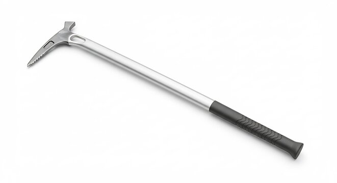 清潔な白い背景に美しく配置された銀色のピッケル 雪山登山や氷壁クライミングで命綱となるこの不可欠な道具が明るい光でその鋭い機能性を明確に示している. AI Generated