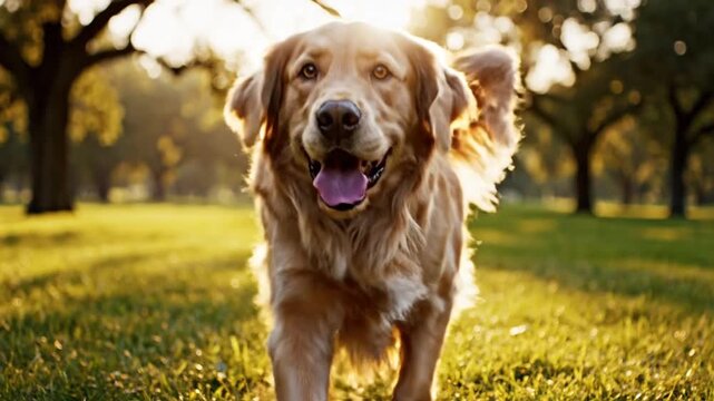 Golden retriever dog running with red frisbee in sunny park