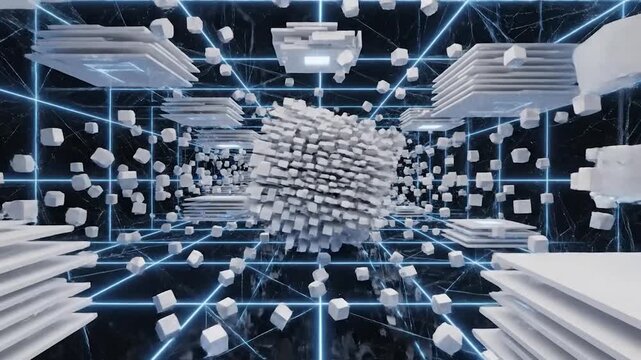 Abstract 3D cubes and rectangular planes float in a digital grid space