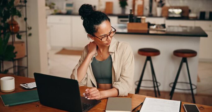 Remote work, laptop or woman with neck pain in home from bad posture, deadline pressure or strain. Burnout, freelancer or tech with muscle tension in house from poor ergonomics, massage or discomfort