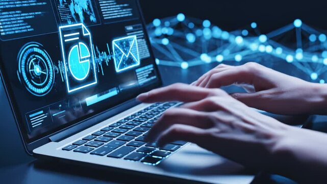 Hands typing on laptop with digital interface