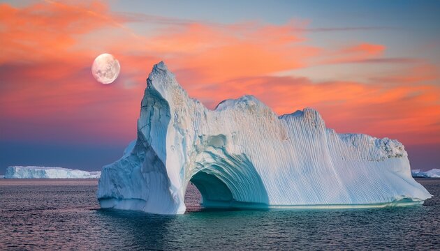 Photogenic And Intricate Iceberg With A Hole Under An Interesting And Colorful Sky During Sunrise With Full Moon Disko Bay Greenland