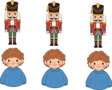 Nutcracker soldier toys and cute curly haired child characters cartoon vector illustration collection festive set