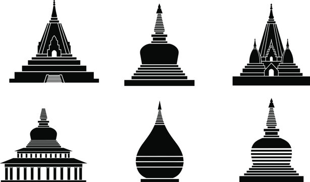 Black silhouette collection of ancient Sri Lankan Buddhist stupas and religious dagoba icons isolated on white background for traditional Asian cultural heritage design