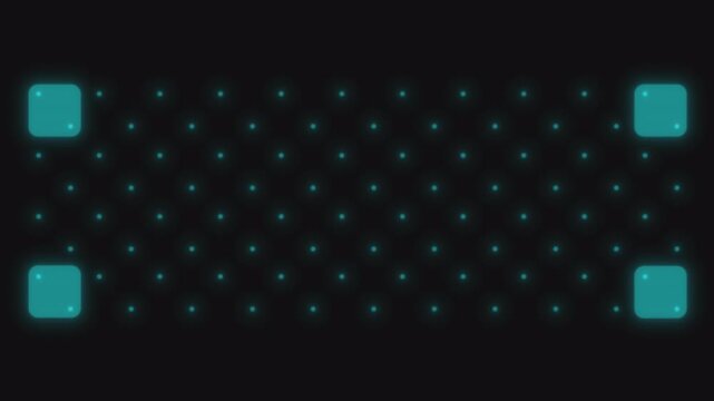 blue neon dotted grid animation with glowing rounded corner squares, digital interface panel resembling HUD display or technology dashboard digital background