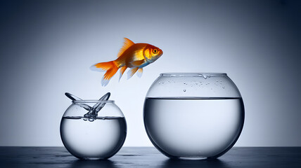 Goldfish jumping from a small glass bowl to a larger one representing growth and success.