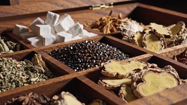 Wooden box with assorted dried herbs and spices