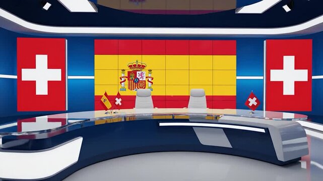 A modern studio set with flags of Spain and Switzerland, perfect for broadcasting