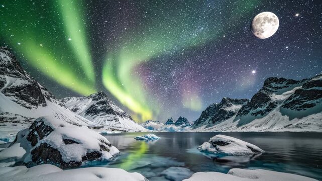 Snowy mountains under aurora and moon