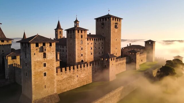Aerial view of a historic fortress with multiple towers and walls partially shrouded in morning mist