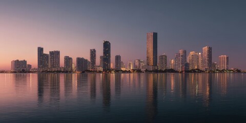 Obraz premium Modern city skyline at sunset with glowing skyscrapers, calm reflective water, soft pastel sky, cinematic lighting, ultra realistic, wide angle symmetrical composition.