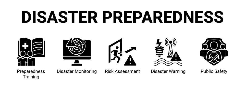 Disaster Preparedness web banner icon concept, with Preparedness Training, Disaster Monitoring, Risk Assessment, Disaster Warning.