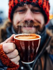 Man in winter wear holding steaming coffee cup, cozy lifestyle concept