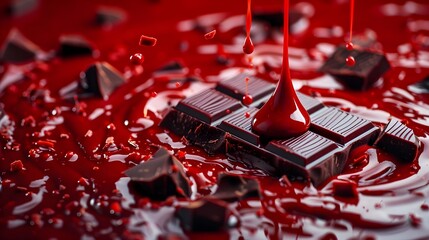 Dark chocolate bar with red liquid splash, creative 3D food background