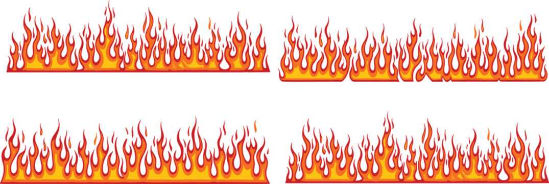 Realistic fire flames borders collection blazing hot burning elements isolated cartoon style vector illustration set