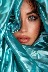Fashion beauty portrait with shiny blue satin fabric and striking blue eyes