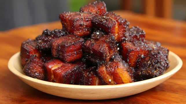 Deliciously Crispy Pork Belly Bites Served on a Wooden Plate with Glazed Appearance Perfect for Gourmet Food Photography