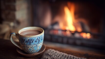 Fototapeta premium Cozy ceramic mug filled with hot beverage next to glowing fireplace creating a warm indoor atmosphere for a relaxing winter evening
