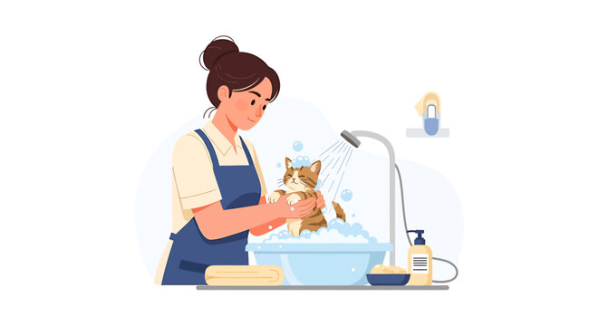 Woman washing a small dog in a blue basin with soap and water.