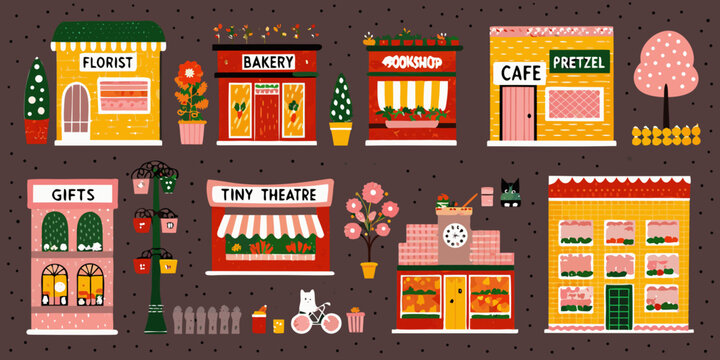 Colorful illustration of a quaint street with various small shops and buildings