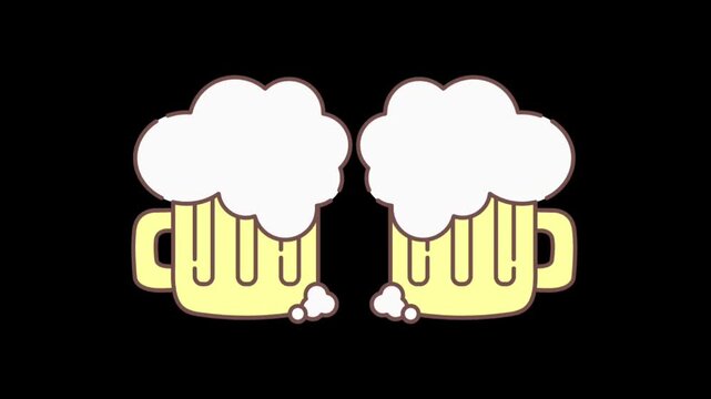 Two cartoon beer mugs clinking together with foam on a black background
