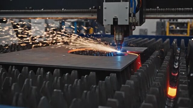 Automated laser cutting machine precisely shaping l sheet with bright sparks