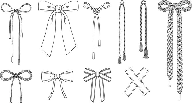 Technical vector set of drawstring cords ribbon bows and braided ties for fashion tech packs and apparel design