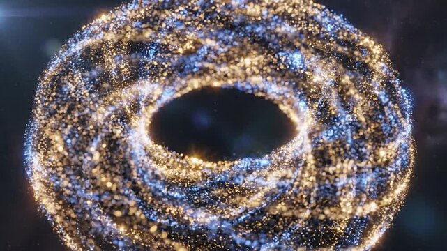 Glowing abstract torus shape made of sparkling particles rotating in space