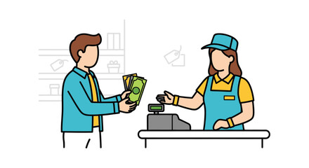 A man paying a female cashier with cash at a store counter with a cash register.