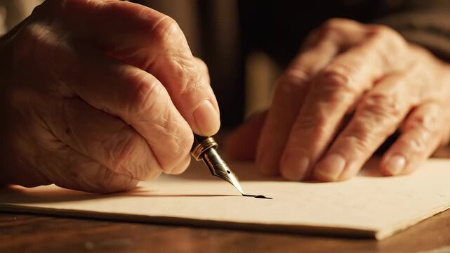 Elderly hands writing with fountain pen
