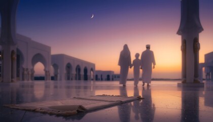 Fototapeta premium Family walks towards Mosque during sunset crescent moon over sky, Ramadan.