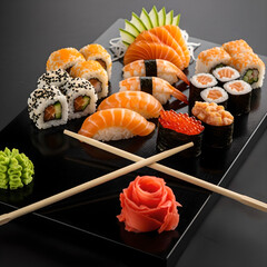 An assortment of fresh sushi and sashimi beautifully arranged on a black plate