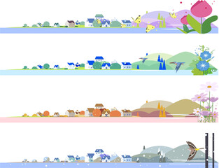 Set of Four Seasons Cityscape Illustrations, Horizontal Banners of Spring, Summer, Autumn, and Winter © kawano
