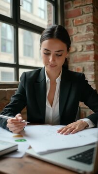 Cropped view portrait of nice attractive busy lady qualified expert shark lawyer attorney specialist writing case notes researching at modern industrial brick loft interior style work place.