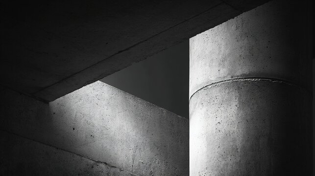negative. Minimalist architectural column detail in concrete with dramatic side lighting and monochrome tones. real-estate listings.