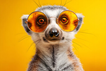 Fototapeta premium Lemur wearing sunglasses against a bright yellow background during a fun moment