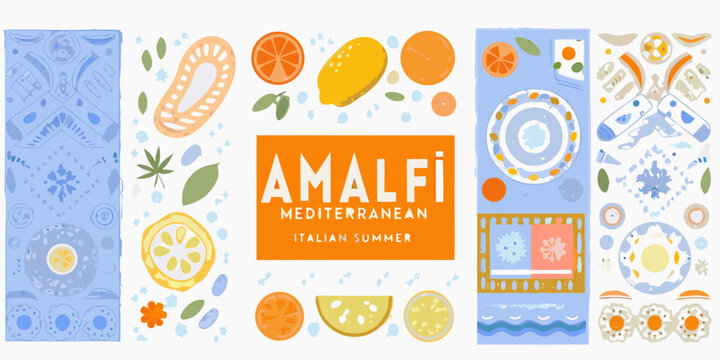 Amalfi coast inspired pattern with citrus fruits and mediterranean motifs