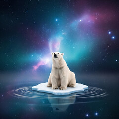 A majestic polar bear sits peacefully on an iceberg in space