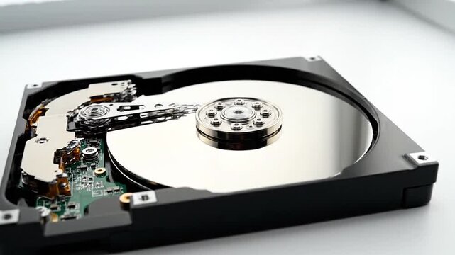 Detailed view of an open computer hard disk drive showing internal components.