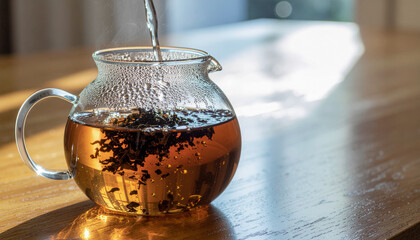 Detailed Brewing Loose Leaf Tea in Glass Teapot Photography.