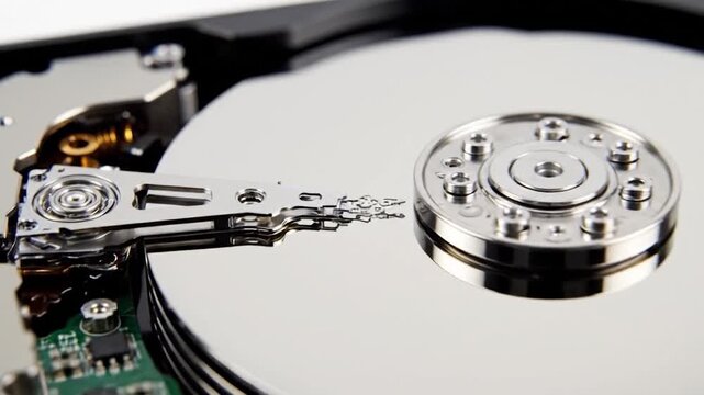 Internal components of an open hard disk drive with shiny data storage platters.