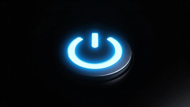 A glowing blue power button illuminates a dark background, symbolizing