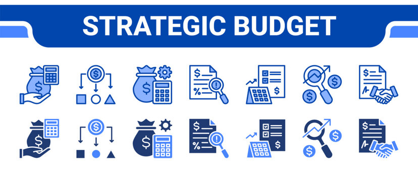 Strategic Budget Icon Collection,  featuring Budget, Cost allocation, Cost management, Estimate, Financial planning, Analysis, Control.