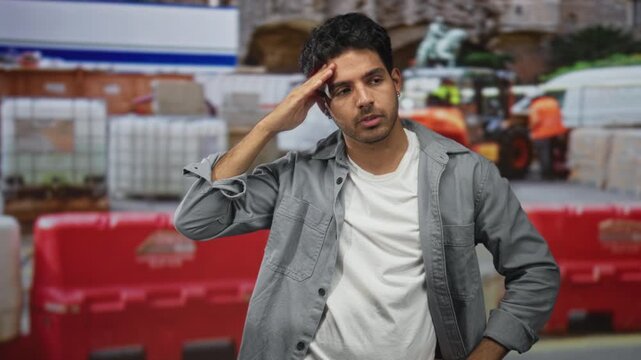 Man with hand on forehead and tired expression standing by red traffic barriers and stacked pallets on a busy street with workers and equipment visible; fatigue.