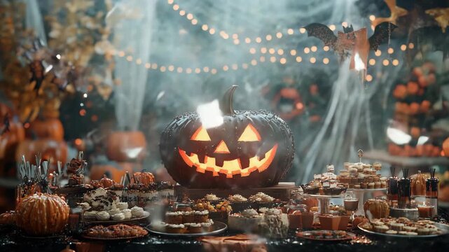 Halloween party table with jack o lantern.