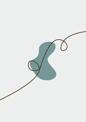 Obraz premium Minimalist Abstract Line Art Featuring a Single Continuous Brown Scribble Overlapping a Soft Teal Fluid Organic Shape Isolated on a Light Grey Background for Modern Minimalist Wall Decor