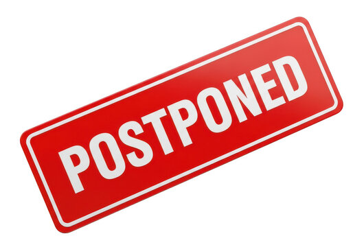 A red stamp with the word postponed in white letters isolated on transparent background