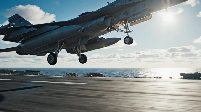 Military jet on aircraft carrier deck
