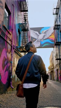 man walking graffiti alley at dusk, carrying leather satchel, back view with vibrant murals and textured pavement, moody city atmosphere suggests freelance photographer or messenger