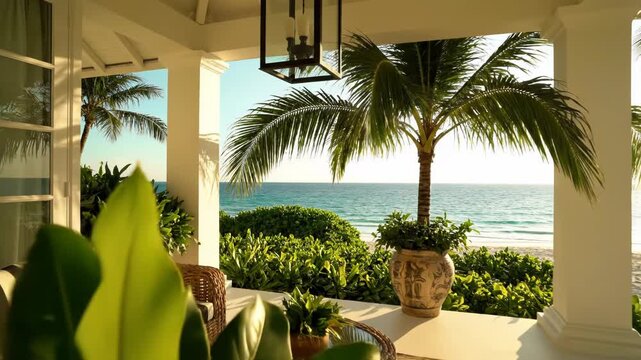 Cozy beachside patio with wicker furniture and palm trees by the ocean on a sunny day with blue water